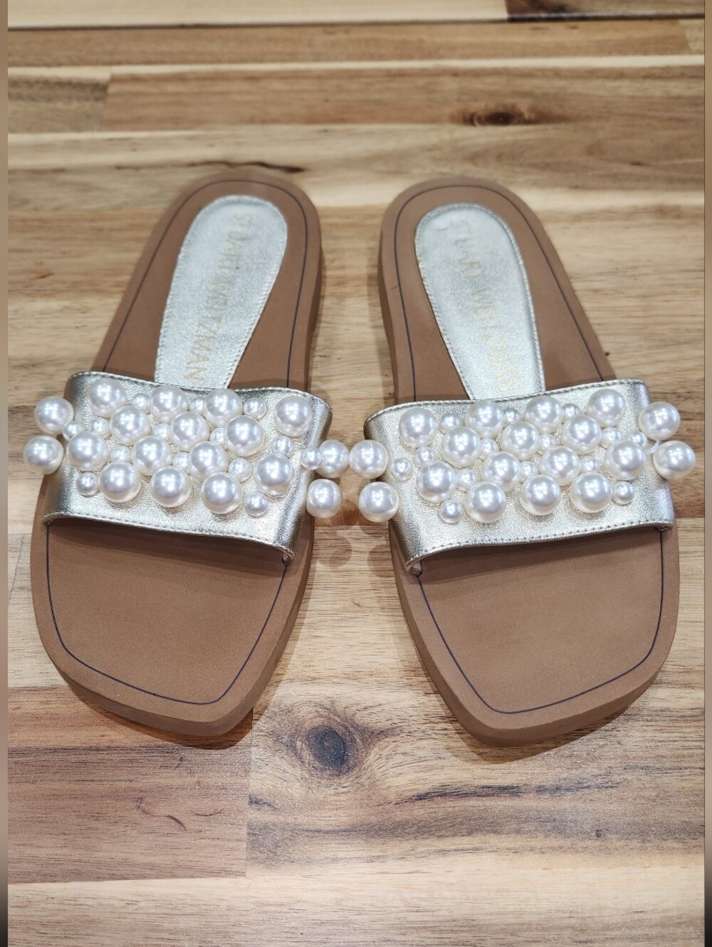 Stuart Weitzman Pearl Embellished Slide Sandals Gold Size 5.5B / EU 36